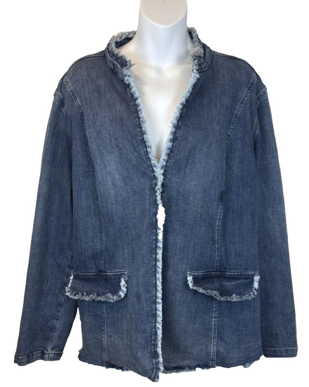 Multiples Denim Jacket XL 1X Raw Edge Collarless Stretch Hook Eye Blue Layering
